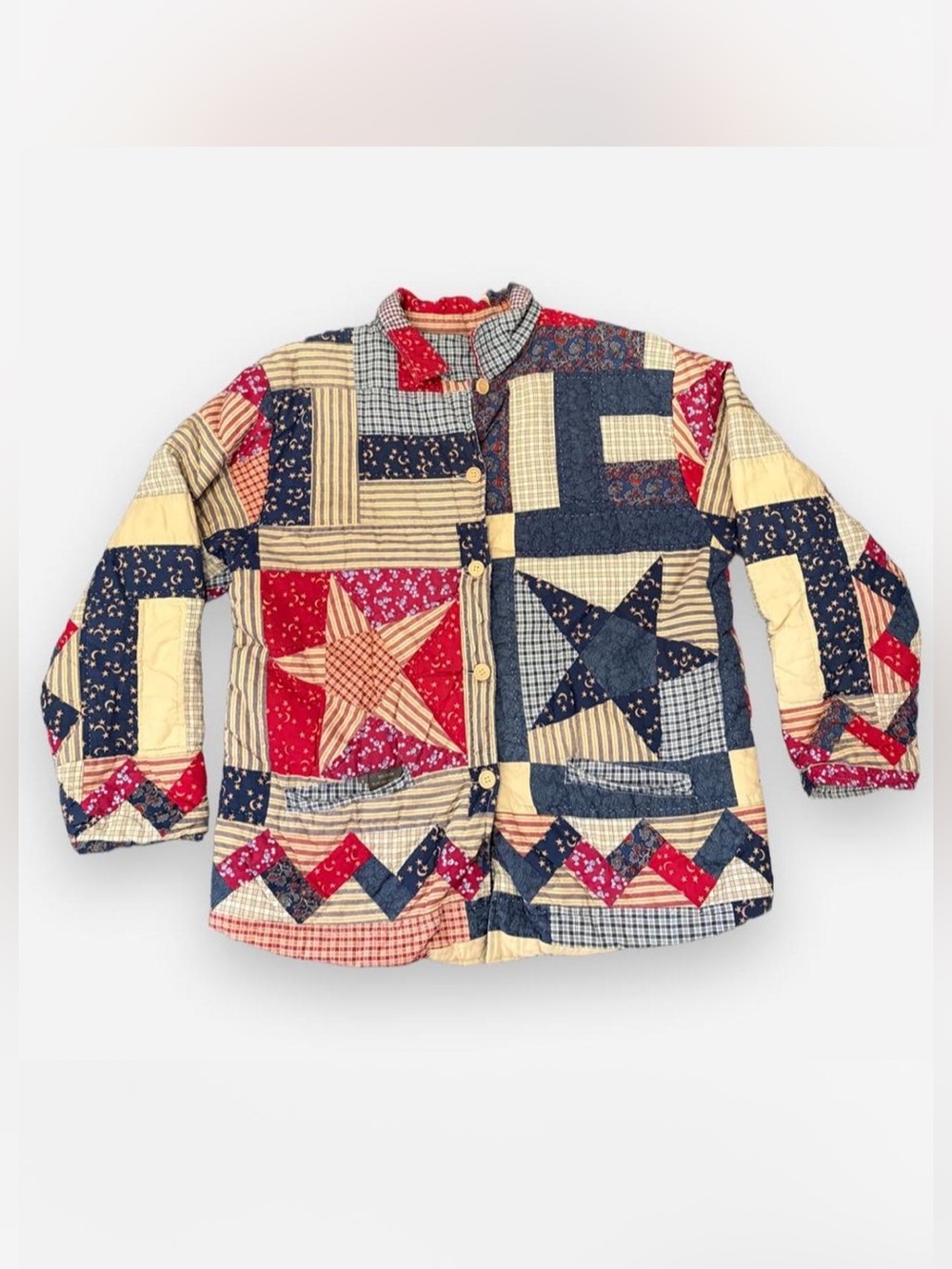 Reversible Patchwork Star Quilted Jacket - Red, Blue & Cream